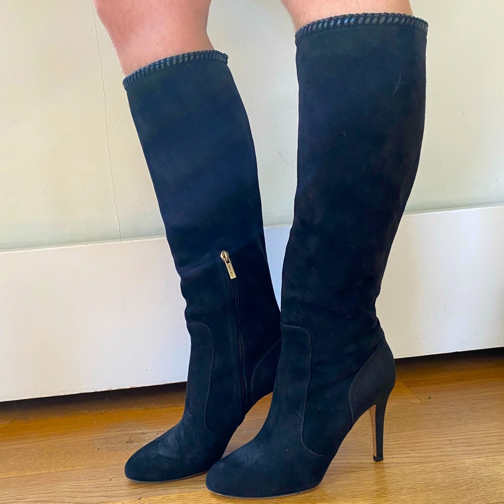 Black Suede Jimmy Choo Knee-High Boots with zipper and stitched leather trim.
